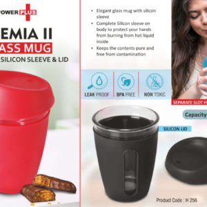 H256 – Premia II: Glass mug with Full Silicon Sleeve & lid | Capacity: 350 ml