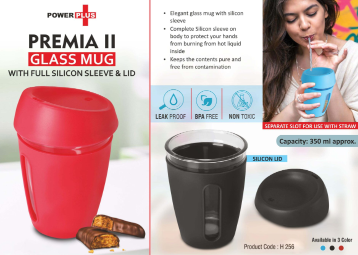 H256 – Premia II: Glass mug with Full Silicon Sleeve & lid | Capacity: 350 ml