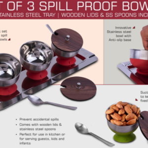 H258 – Set of 3 Spill Proof Bowls with Stainless Steel Tray | Wooden Lids & SS Spoons included