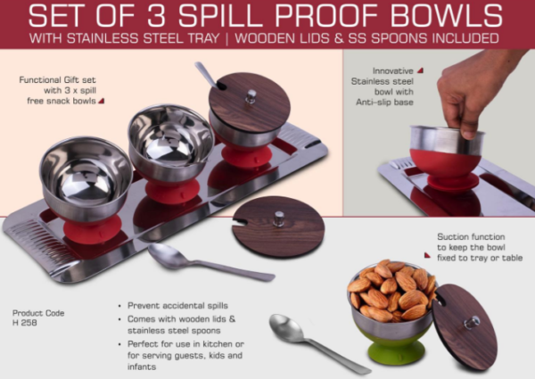 H258 – Set of 3 Spill Proof Bowls with Stainless Steel Tray | Wooden Lids & SS Spoons included