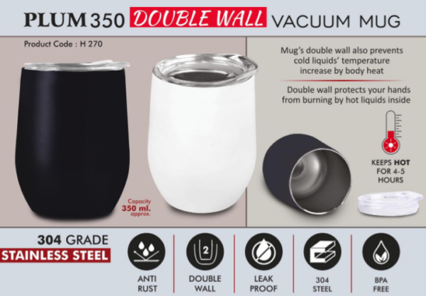 H270 – Plum 350: Double wall Vacuum Mug | 304 grade steel | Capacity 350ml Approx
