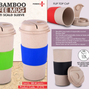 H275 – Tall Bamboo Coffee mug: Eco friendly mug with flip top Lid and Anti-Scald sleeve | Capacity 500 ml
