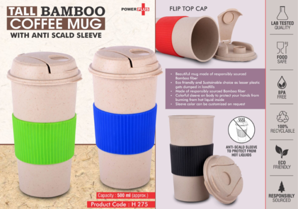 H275 – Tall Bamboo Coffee mug: Eco friendly mug with flip top Lid and Anti-Scald sleeve | Capacity 500 ml
