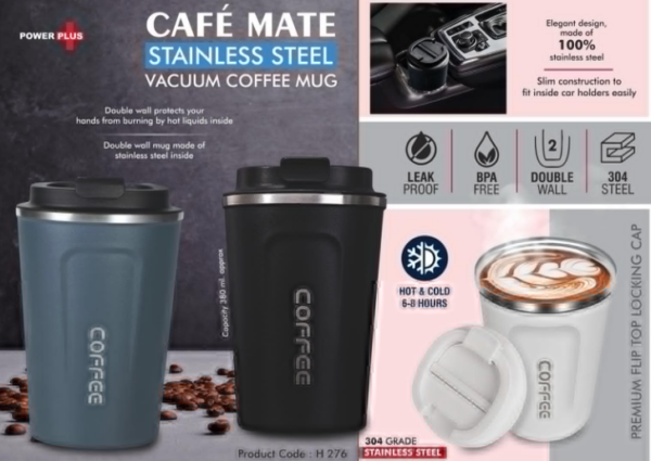 H276 – Cafe Mate: Stainless Steel Vacuum coffee mug | Premium Flip top locking cap | Capacity 380ml approx