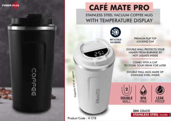H278 – Cafe Mate Pro: Stainless Steel Vacuum coffee mug with Temperature Display | Premium Flip top locking cap | Capacity 510ml approx