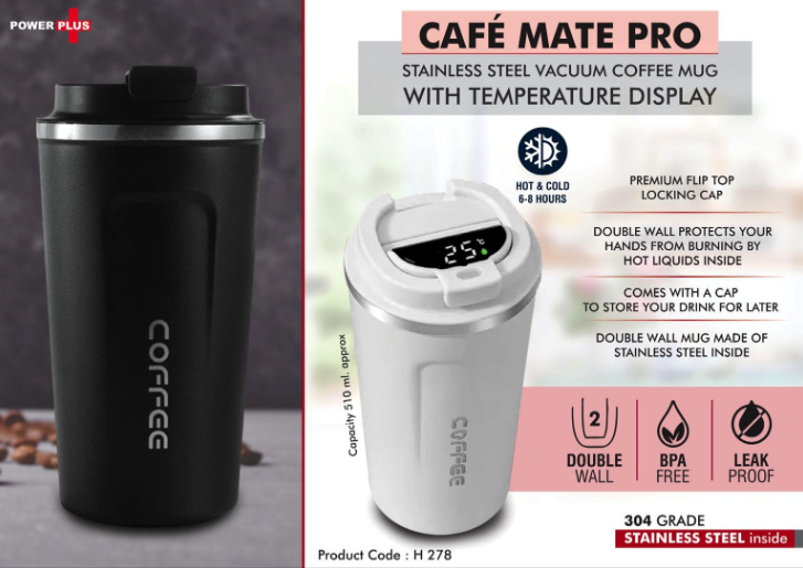 H278 – Cafe Mate Pro: Stainless Steel Vacuum coffee mug with Temperature Display | Premium Flip top locking cap | Capacity 510ml approx