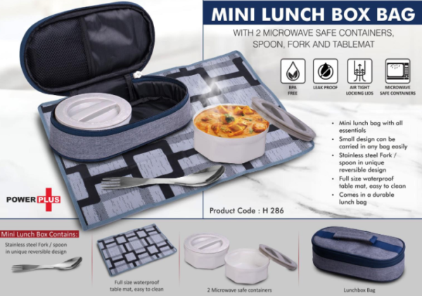 H286 – Mini Lunch box bag with 2 Microwave safe containers, Spoon, Fork and Tablemat