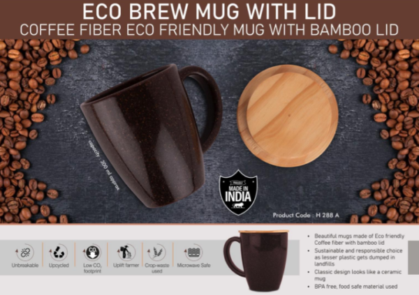 H288a – EcoBrew Mug with Lid : Coffee Fiber Eco Friendly Mug with Bamboo Lid | Capacity 300ml approx