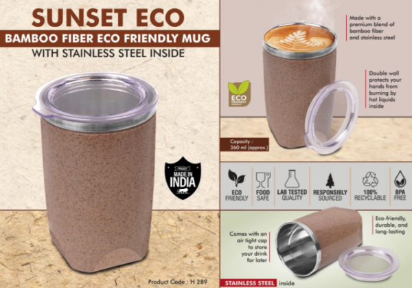 H289 – Sunset Eco: Bamboo Fiber Eco Friendly Mug with Stainless Steel Inside | Comes with Lid | Leak proof & BPA Free | Capacity 360 ml approx
