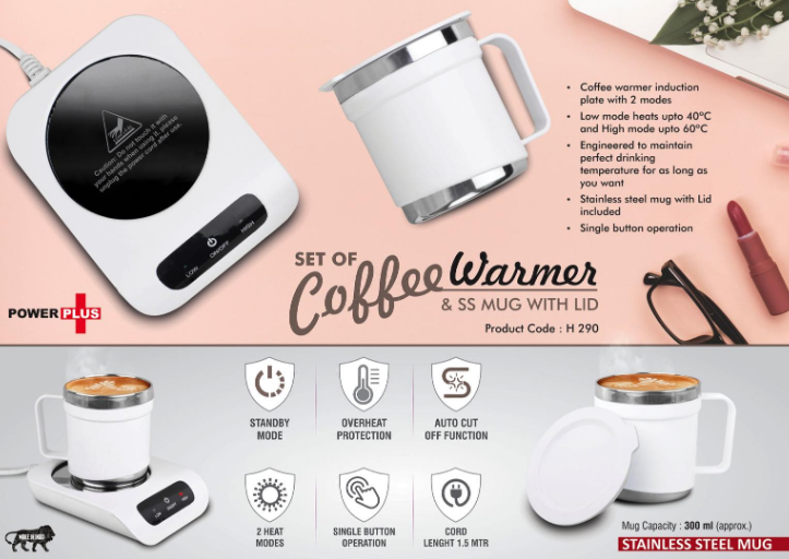 H290 – Set of Coffee warmer & SS Mug with Lid | Auto Cut off & Overheat Protection | 2 heat modes