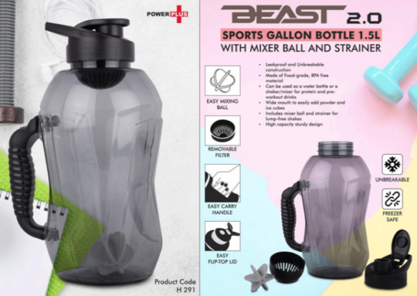 H291 – Beast 2.0 Sports gallon bottle 1.5 L with mixer ball and strainer (Unbreakable, Freezer safe)