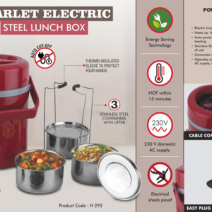 H293 – Scarlet Electric Steel Lunch box | 3 SS containers with lifter | Cable compartment in lid
