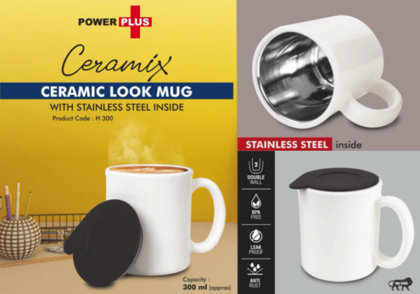 H300 – Ceramix: Ceramic Look mug with Stainless Steel inside | Lid included | Capacity 350ml approx