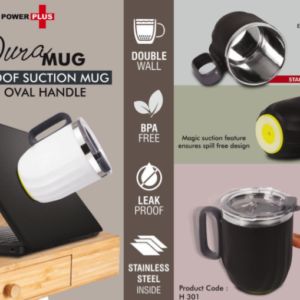 H301 – DuraMug: Spill Proof Suction mug with Oval handle | Capacity 350ml approx