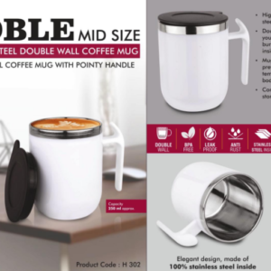 H302 – Noble: Mid Size Stainless Steel Double wall Coffee mug with Pointy handle | Leak Proof | Capacity 250ml approx