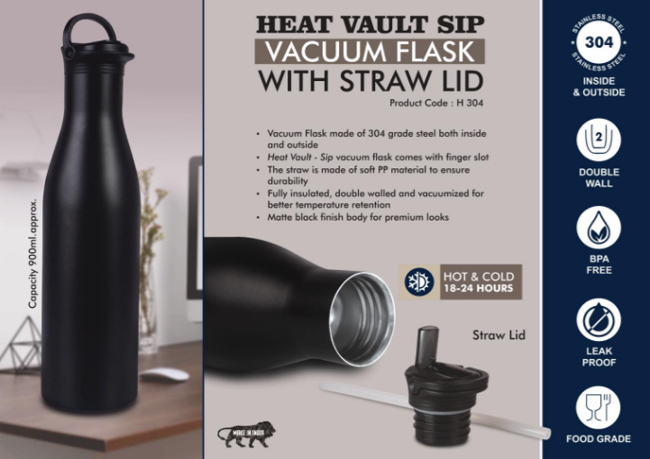 H304 – HeatVault Sip: 900 ml vacuum flask with Straw lid | 304 steel inside & outside | 18 hours hot/cold