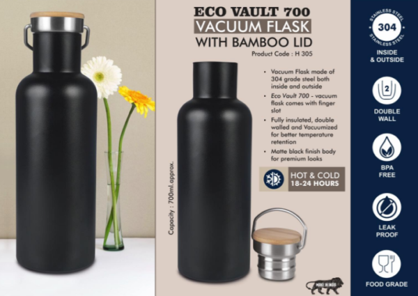 H305 – EcoVault 700: 700 ml vacuum flask with Bamboo lid | 304 steel inside & outside | 18 hours hot/cold