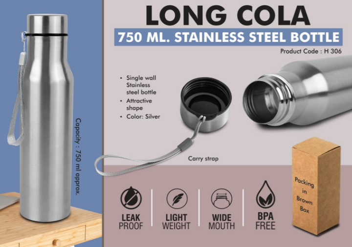 H306 – Long Cola 750: Stainless steel bottle | With Carry strap | Capacity 750ml approx