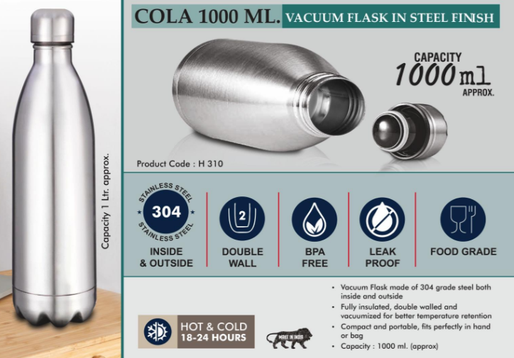 H310 – Cola 1000 ml Vacuum flask in Steel Finish | 304 steel inside & outside | 18 hours hot/cold