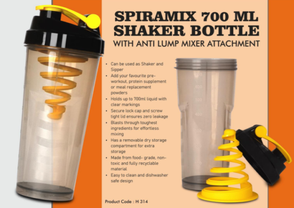 H314 – SpiraMix 700 ml Shaker Bottle with Anti Lump mixer attachment