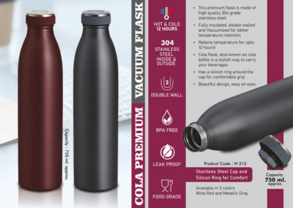 H315 – Cola Premium Vacuum Flask | 304 steel inside & outside | Capacity 750ml | 12 hours hot / cold