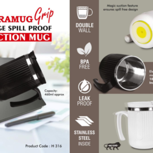 H316 – DuraMug Grip: Large Spill Proof Suction mug with Flip Top Lid | Capacity 460ml approx | Stainless steel inside
