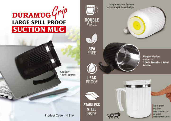 H316 – DuraMug Grip: Large Spill Proof Suction mug with Flip Top Lid | Capacity 460ml approx | Stainless steel inside