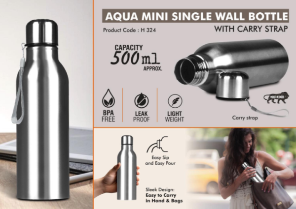 H324 – Aqua Mini Single Wall Bottle with Carry strap