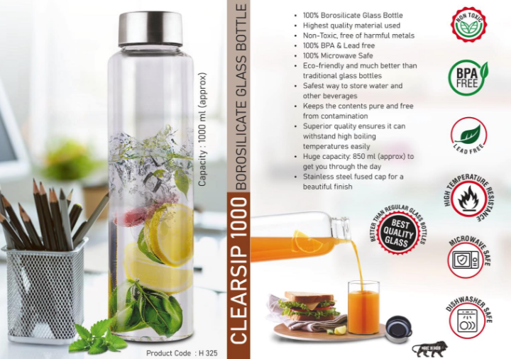 H325 – ClearSip 1000: Borosilicate Glass Bottle with Steel cap | Capacity 1000ml