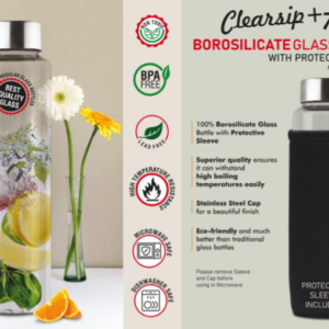 H326 – ClearSip+ 750: Borosilicate Glass Bottle with Protective Sleeve | Steel cap | Capacity 750ml