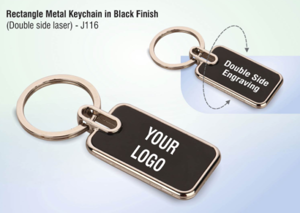 J116 – Rectangle metal keychain in Black finish (Double side laser)