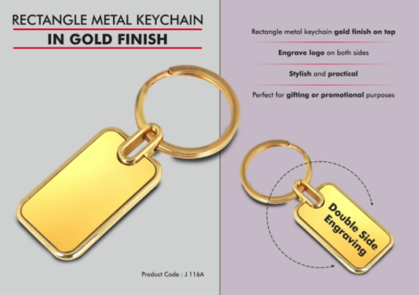 J116a – Rectangle metal keychain in Gold finish (Double side laser)