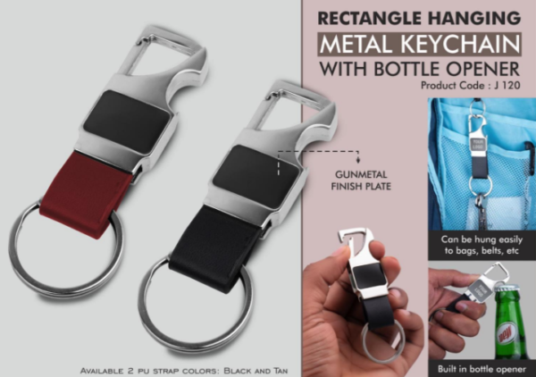 J120 – Rectangle hanging metal keychain with Bottle Opener & PU strap