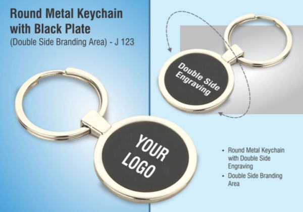 J123 – Round metal keychain with Black plate (Double side branding area)
