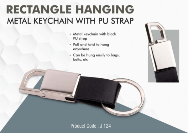 J124 – Rectangle hanging metal keychain with PU strap