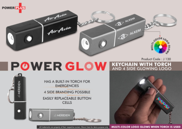 J130 – PowerGlow keychain with Torch and 4 side Glowing Logo