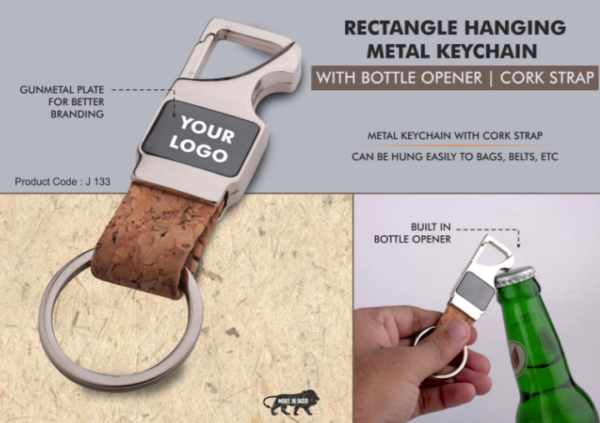 J133 – Rectangle hanging metal keychain with Bottle Opener | Cork strap