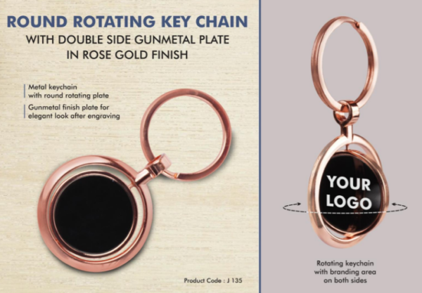 J135 – Round Rotating Key chain with Double side Gunmetal plate in Rose Gold Finish