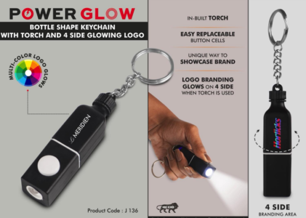 J136 – PowerGlow Bottle shape keychain with Torch and 4 side Glowing Logo