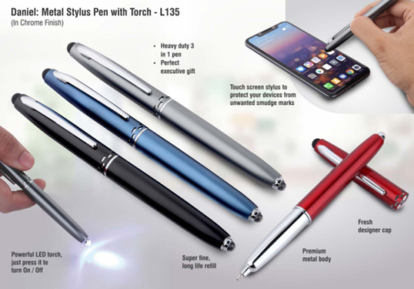 L135 – Daniel: Metal stylus pen with torch (chrome finish)