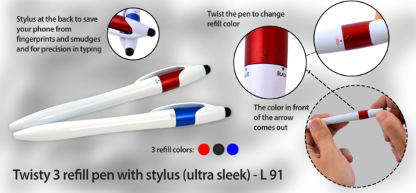 L91 – Twisty 3 refill pen with stylus (ultra sleek)