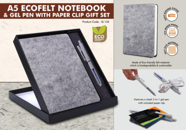 Q150 – EcoFelt Notebook Gift set: A5 Eco Notebook With Paper Clip Gel Pen