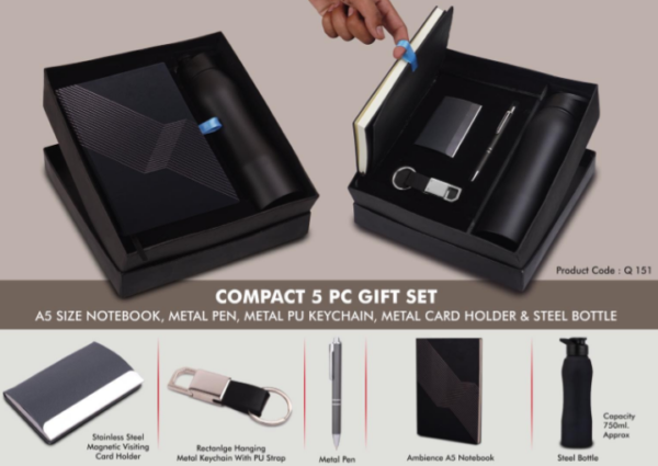 Q151 – Compact 5 Pc Black Gift Set: A5 Size Notebook, Metal Pen, Metal Pu Keychain, Metal Card Holder & Straight Steel Bottle