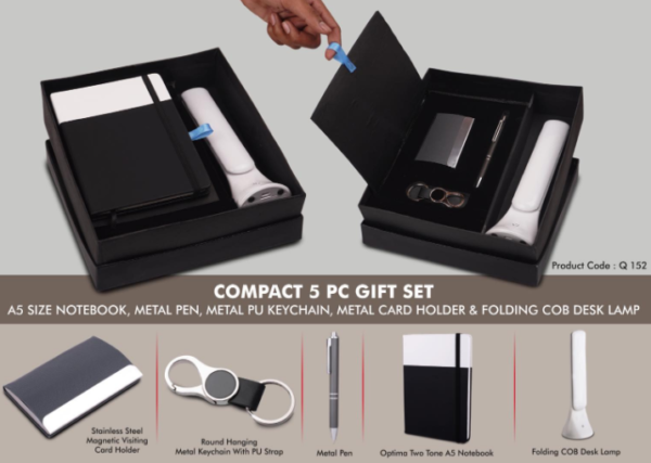 Q152 – Compact 5 Pc Gift Set: A5 Size Notebook, Metal Pen, Metal Pu Keychain, Metal Card Holder & Folding COB Desk Lamp