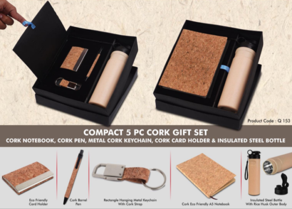 Q153 – Compact 5 Pc Cork Gift Set: Cork Notebook, Cork Pen, Metal Cork Keychain, Cork Card Holder & Insulated Steel Bottle