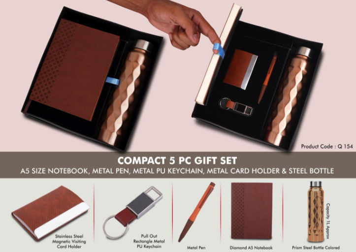 Q154 – Compact 5 Pc Tan Gift Set: A5 Size Notebook, Metal Pen, Metal Pu Keychain, Metal Card Holder & Prism Steel Bottle