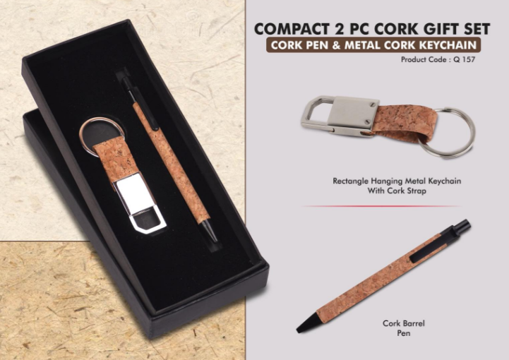 Q157 – Compact 2 Pc Cork Gift Set: Cork Pen & Metal Cork Keychain