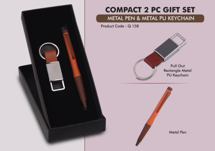 Q158 – Compact 2 Pc Tan Gift Set: Metal Pen & Metal PU Keychain