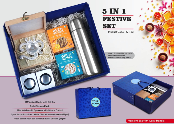 Q163 – Festive Set of 5: OM Metal Tealight holder, Mini PC Speaker, Bullet Vacuum Flask, 2 Choco Cashew Cookies, 2 Peanut Butter Cookies