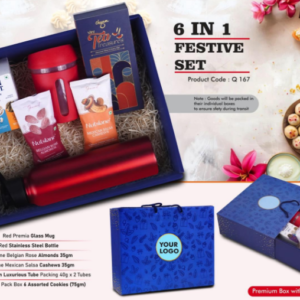 Q167 – Festive Set of 6: Glass Mug with Silicon Cover, SS Bottle 1L, Assorted Cookies Pack, Mexican Salsa Cashews, Belgian Rose Almonds, Tea Gift Pack